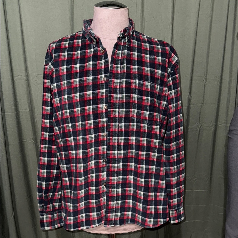 Men's Red and Black Plaid Corduroy Button Down Shirt